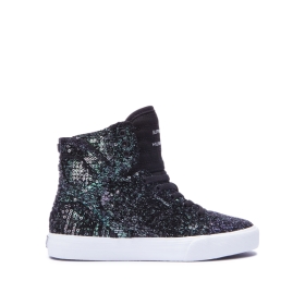 Kids Supra High Top Shoes SKYTOP Black Sequin/White | AU-99051